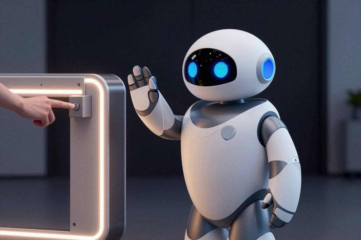 A robot raising a hand to pause in front of a closed barrier gate