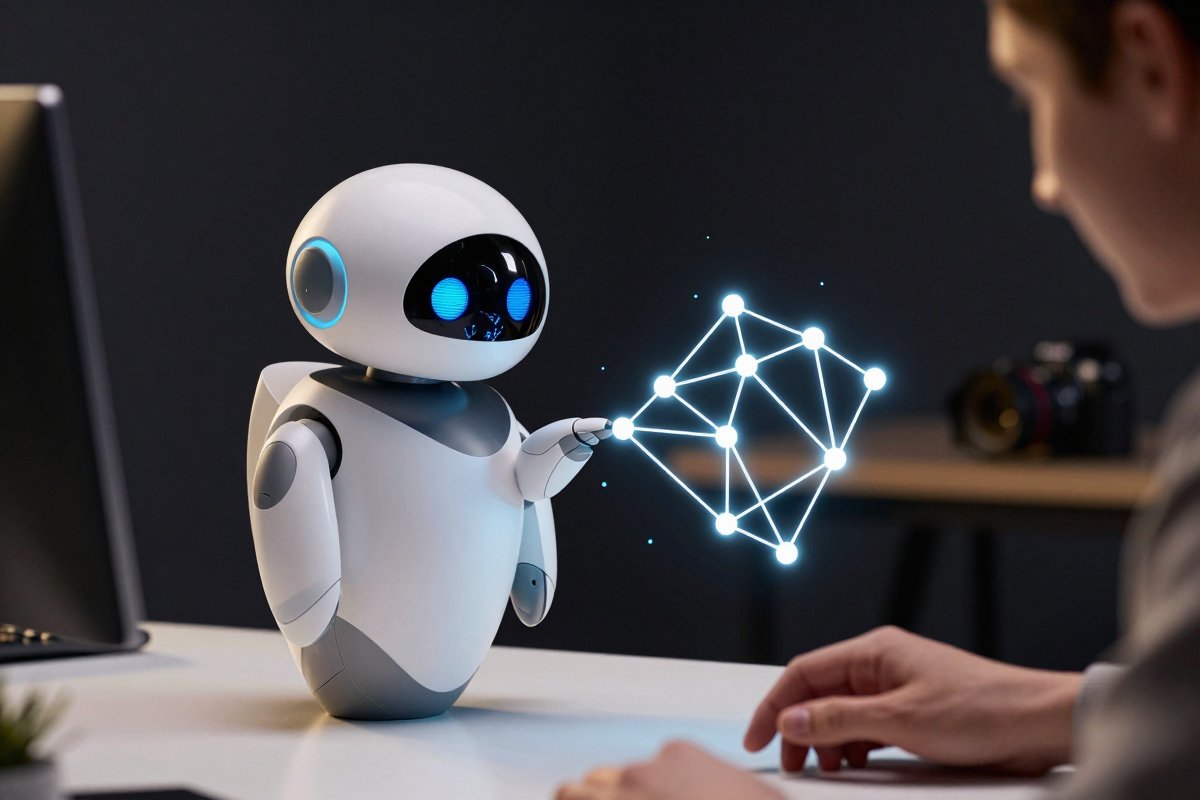 A robot tracing a single glowing edge along a floating knowledge graph structure, a human hand watching closely