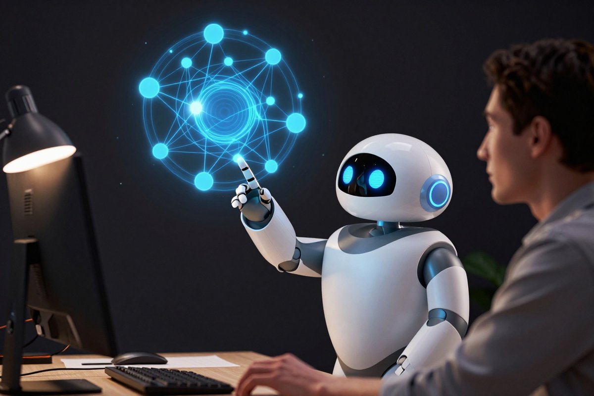 A robot and a person studying a large glowing knowledge graph hovering above a desk