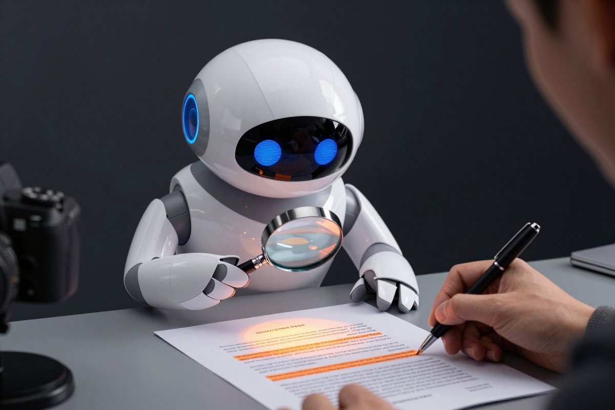 A robot reading contract pages with a magnifying glass, two flagged coral