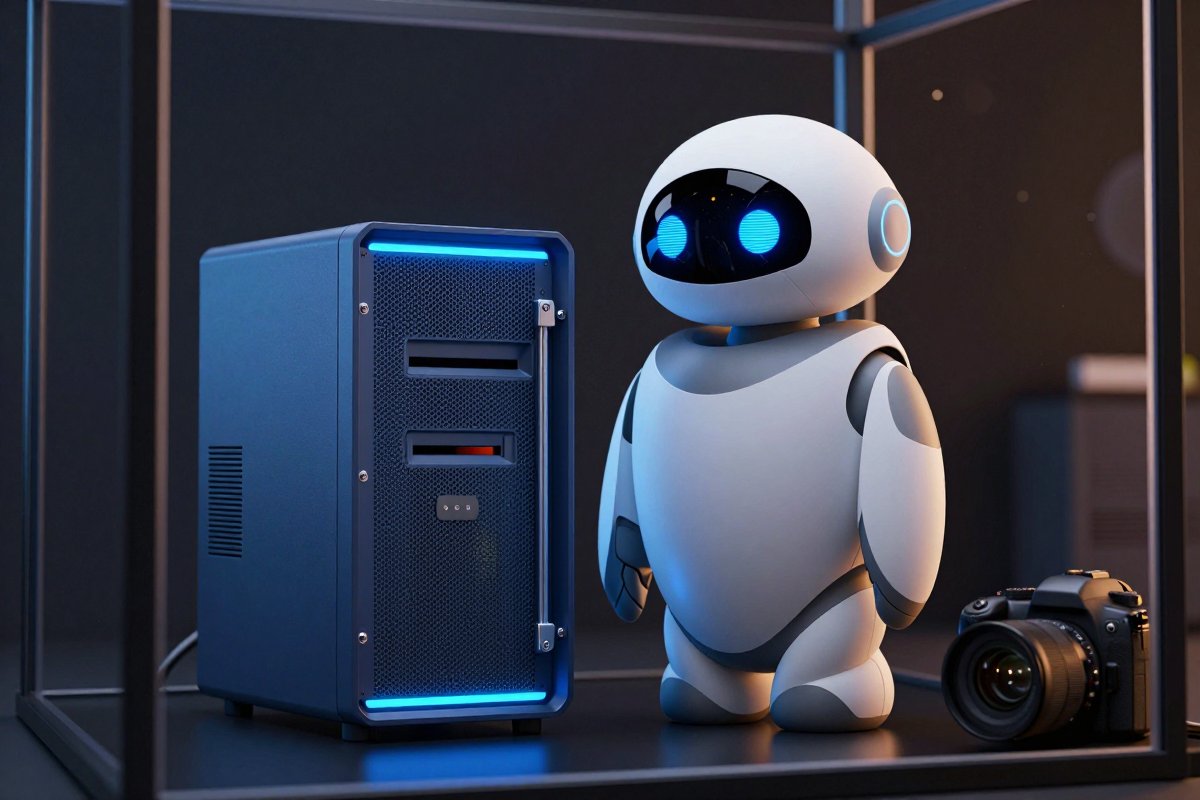 A robot standing guard beside a single glowing server tower in a private room
