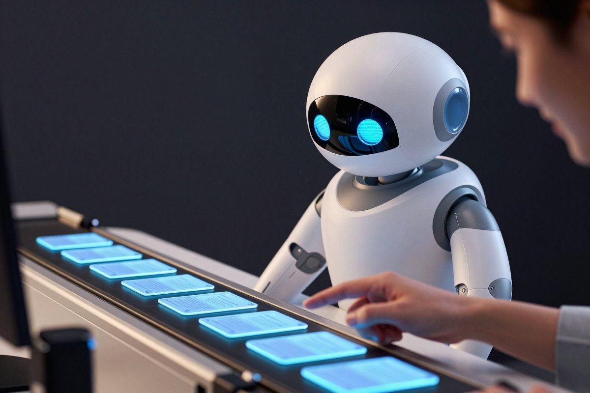 A robot watching a line of glowing document tokens pass on a conveyor