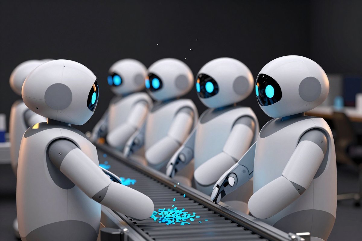A conveyor scene where robots receive, organise and gently release material
