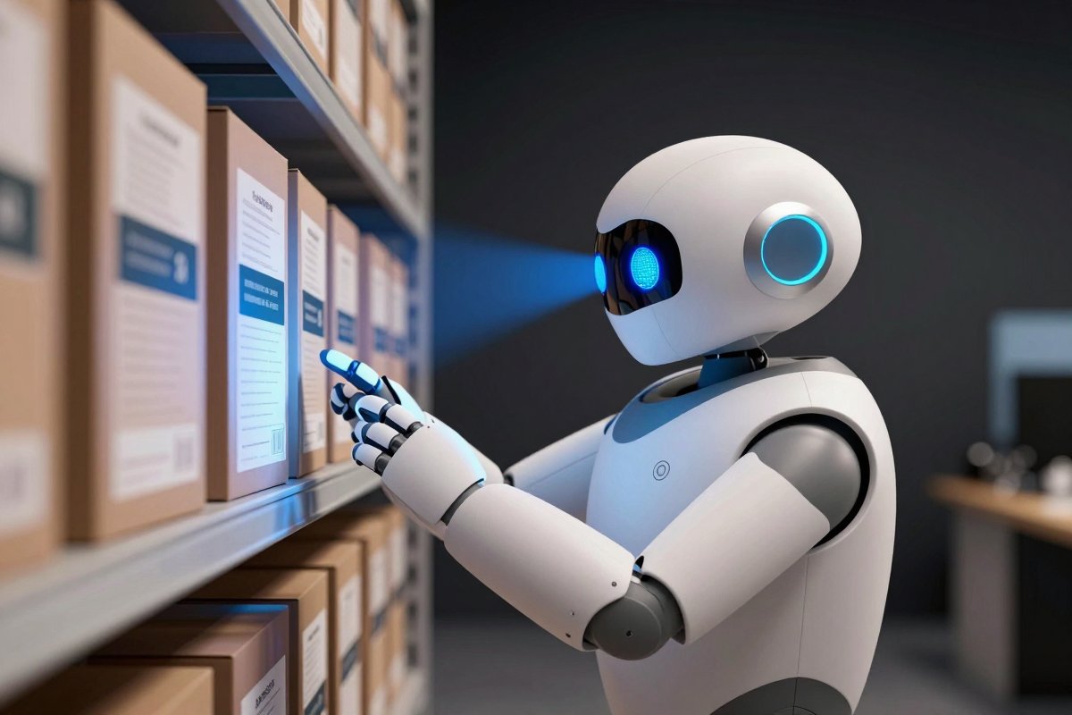 A robot scanning a wall of document boxes, each lighting up as it organises them